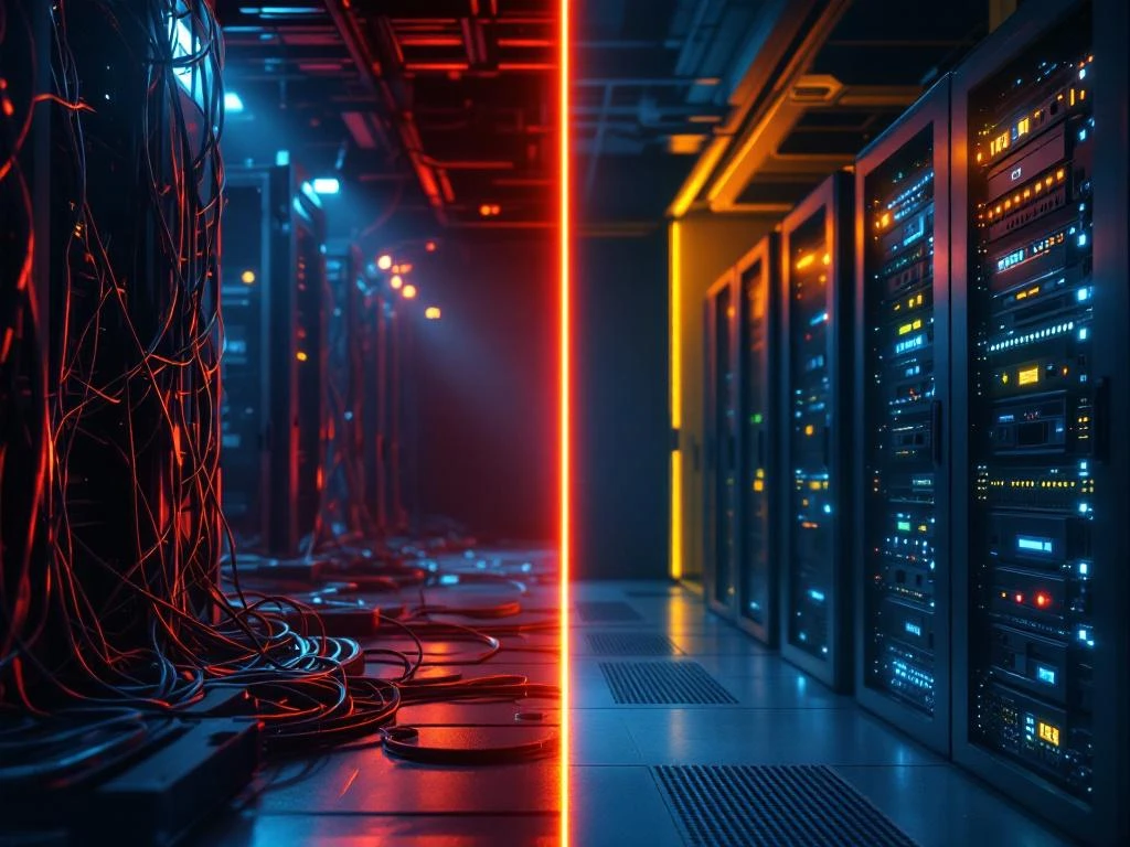 Split-screen comparison of chaotic server room with tangled cables and error lights versus organized data center with clean cable management