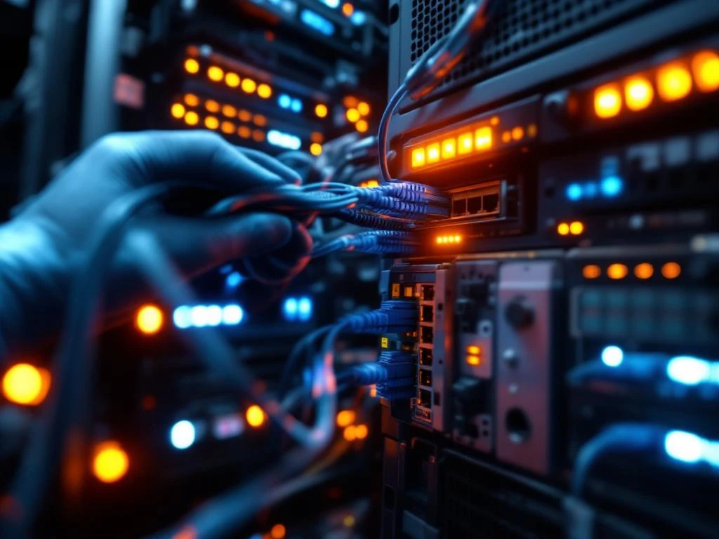 IT technician in gloves installing network hardware on rack-mounted servers with LED indicators in modern data center
