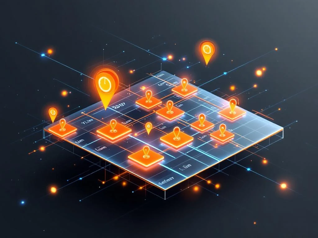 Digital calendar interface with glowing orange appointment blocks and blue route lines connecting service points in 3D space.