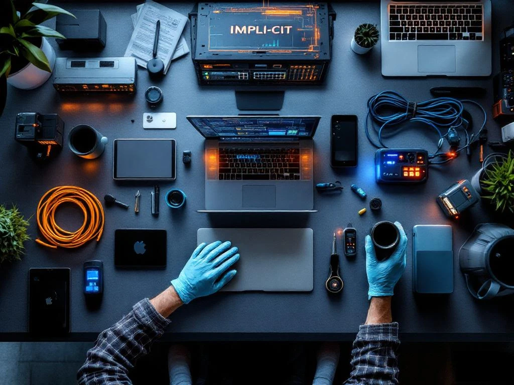Professional hands in technical gloves working with laptops, servers, tablets and networking equipment on modern office desk with orange and blue accent lighting.