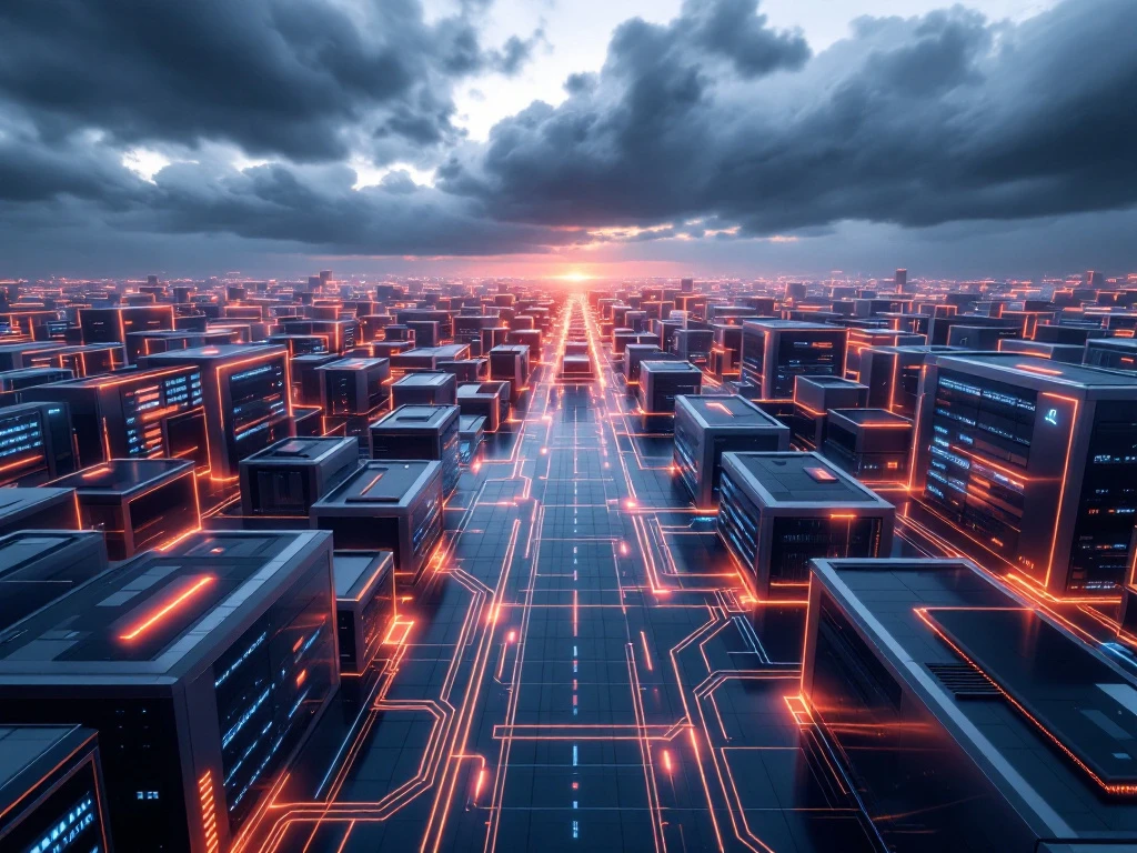 Aerial view of modern cloud datacenter complex with illuminated server buildings connected by fiber optic cables at dusk