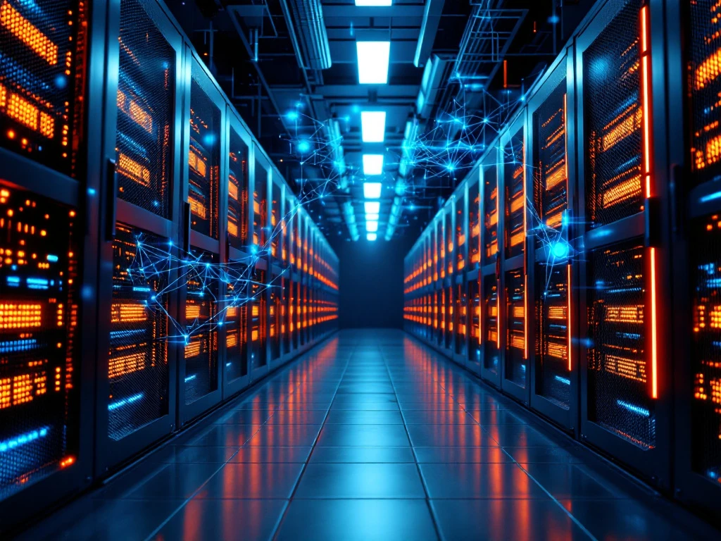 Modern datacenter with illuminated server racks, glowing fiber optic cables, and holographic AI neural network patterns overhead.