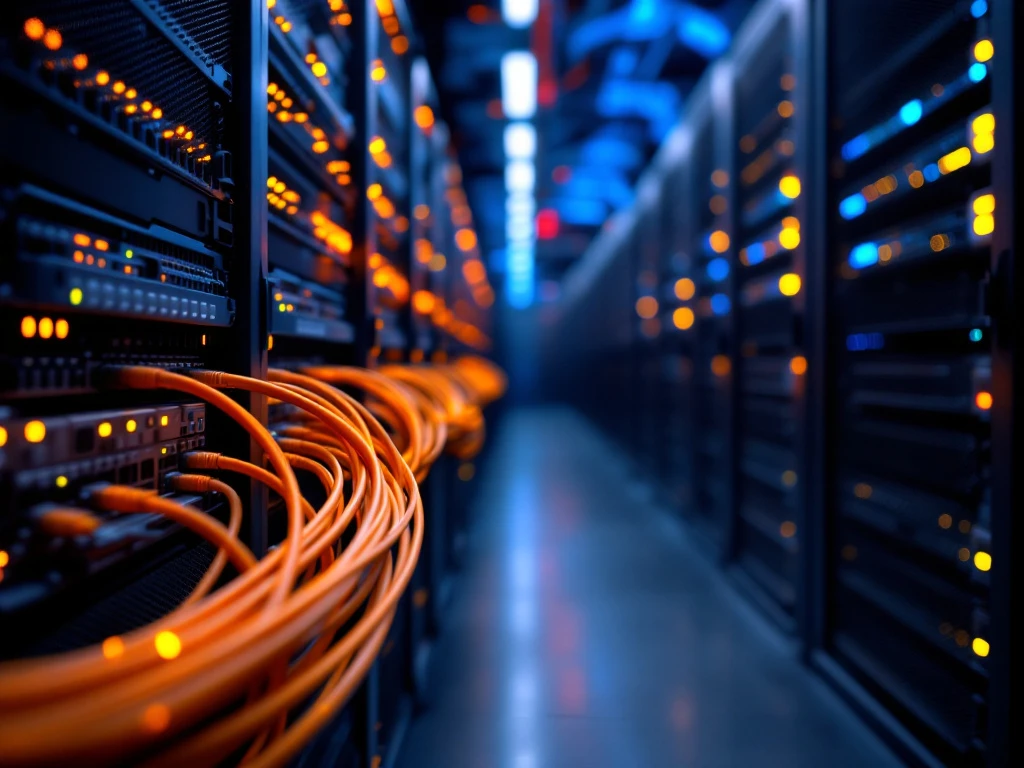 Datacenter interior with organized orange and blue fiber optic cables in professional cable management trays against server racks