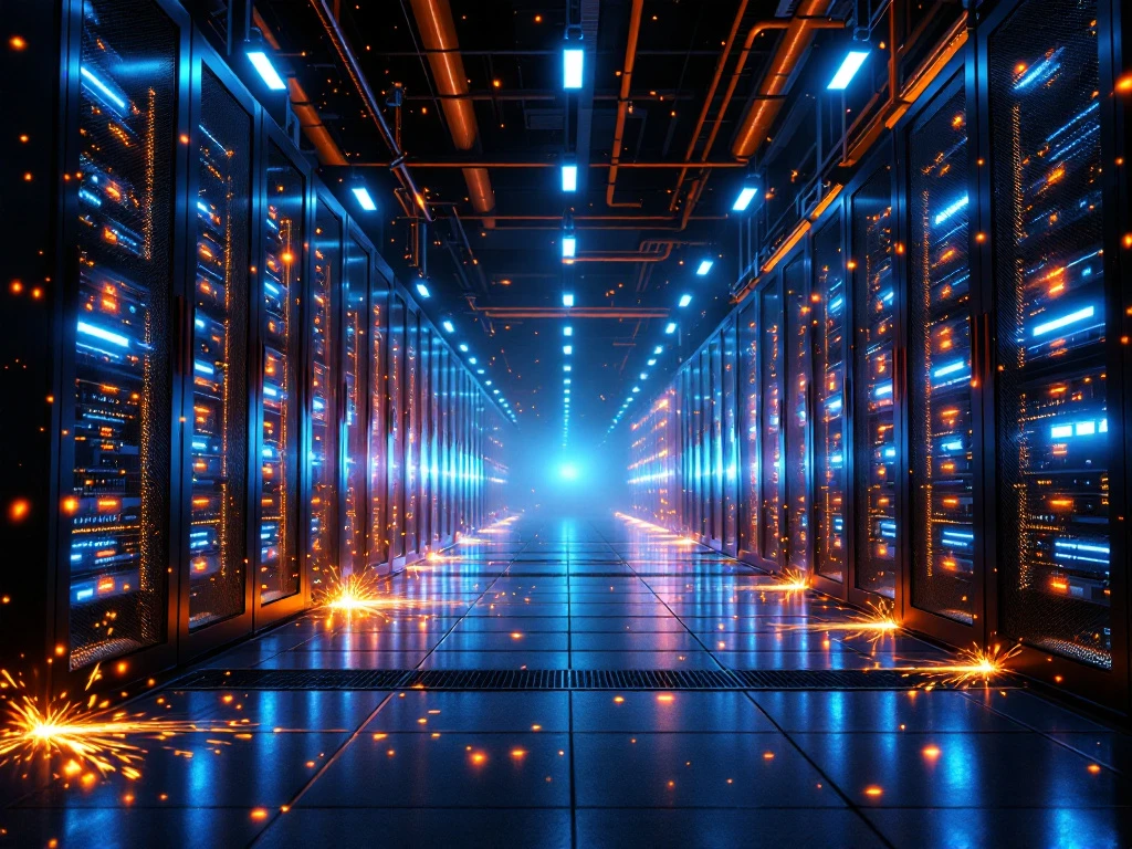 Datacenter emergency scene with illuminated server racks, orange warning lights, and electrical sparks in industrial facility