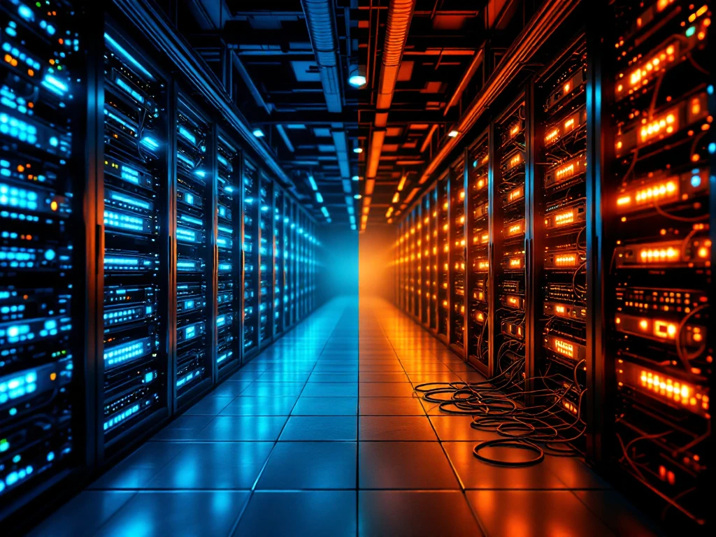 Split-screen datacenter comparison: organized server racks with blue lighting versus chaotic servers with tangled cables