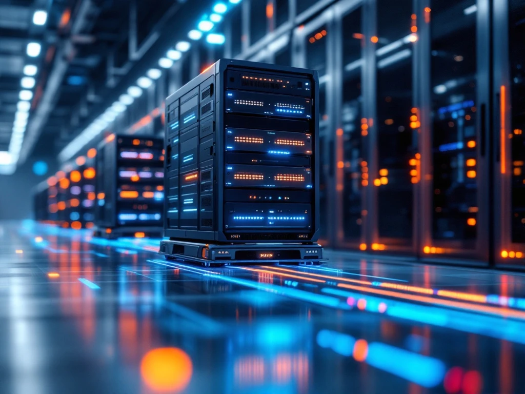 Server racks on professional transport carts during datacenter migration with blue fiber optic cables and orange lighting