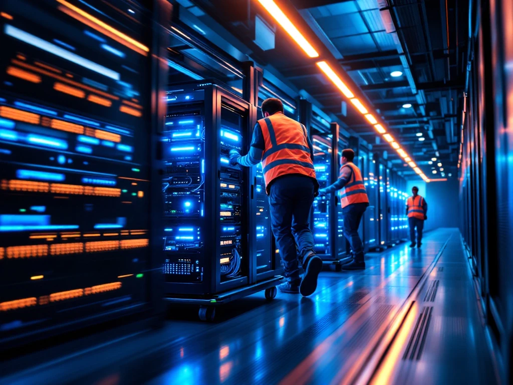 Server racks on wheeled carts being moved through datacenter corridor by technicians in high-vis vests during migration