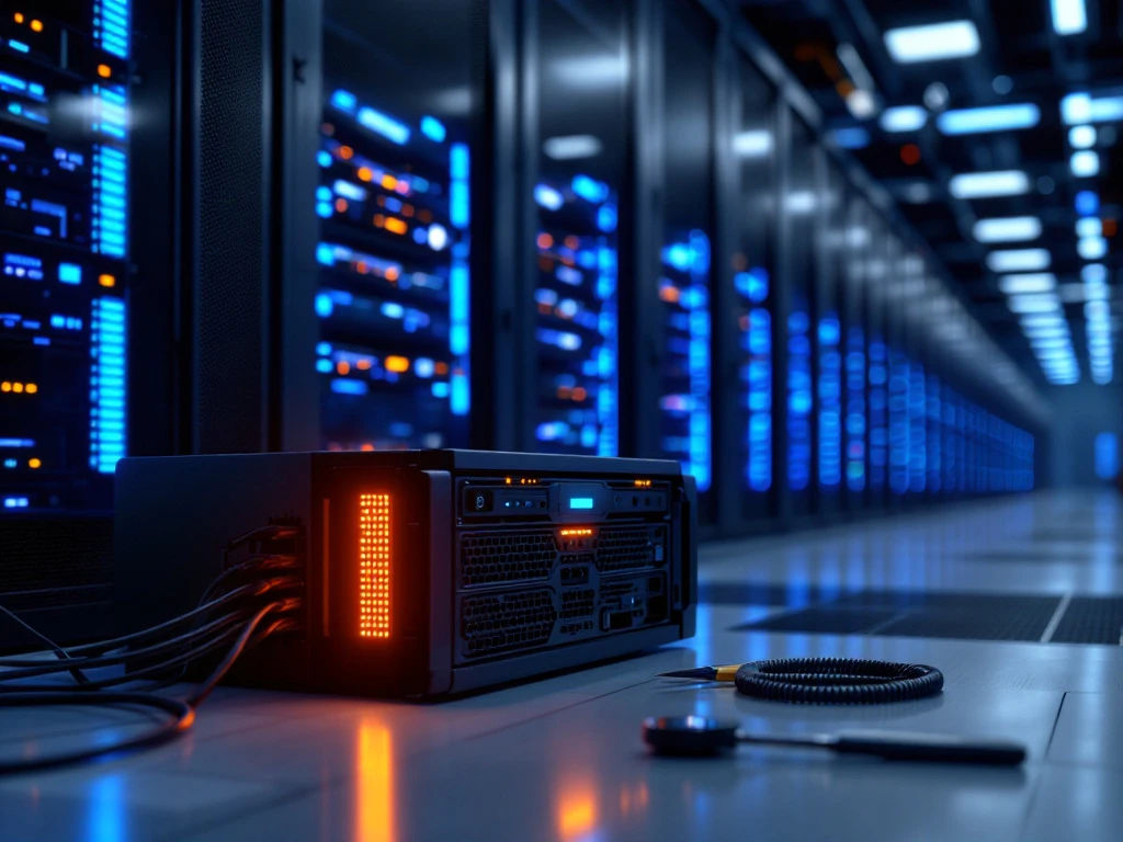 Datacenter technician replacing server equipment with new unit highlighted in orange lighting among blue-lit server racks