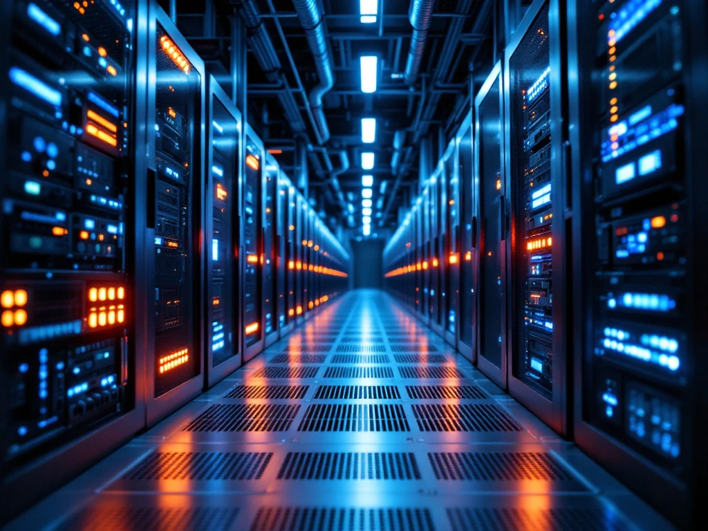 Technician installing server hardware in modern datacenter with blue lighting and rows of server racks