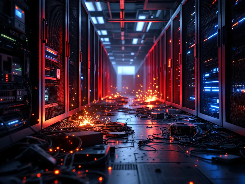 Dismantled datacenter server racks with scattered hardware, sparking cables, and red warning lights creating urgent migration scene