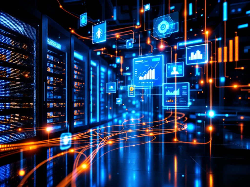 Modern datacenter with illuminated server racks, blue LED lights, monitoring screens displaying analytics, and fiber optic cables