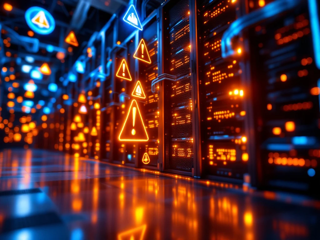 Datacenter server racks with orange and blue LED lighting, holographic alert notifications, and pulsing fiber optic cables.