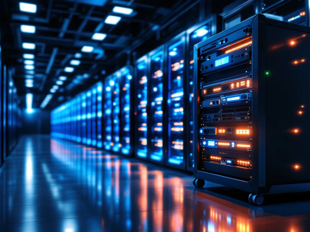Modern datacenter with rows of server racks under blue LED lighting and equipment cart with orange-lit networking hardware