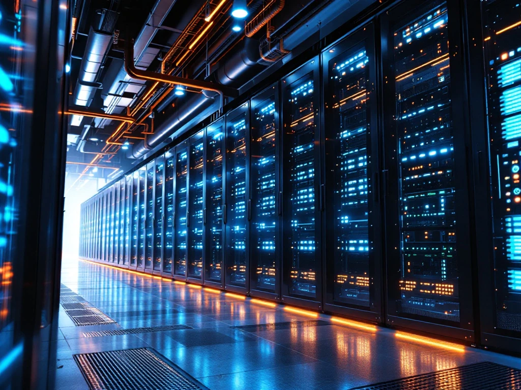 Modern datacenter interior with illuminated server racks, industrial cooling systems, and climate control equipment