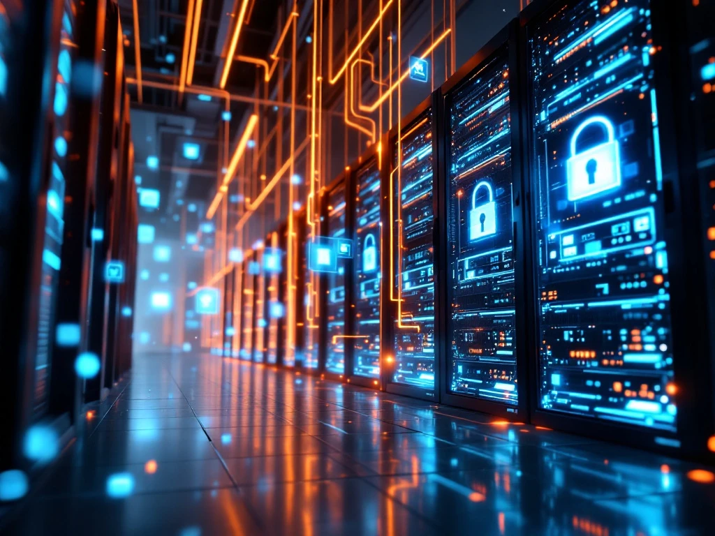 Modern datacenter with illuminated server racks, glowing fiber optic cables, and holographic cybersecurity shields protecting infrastructure