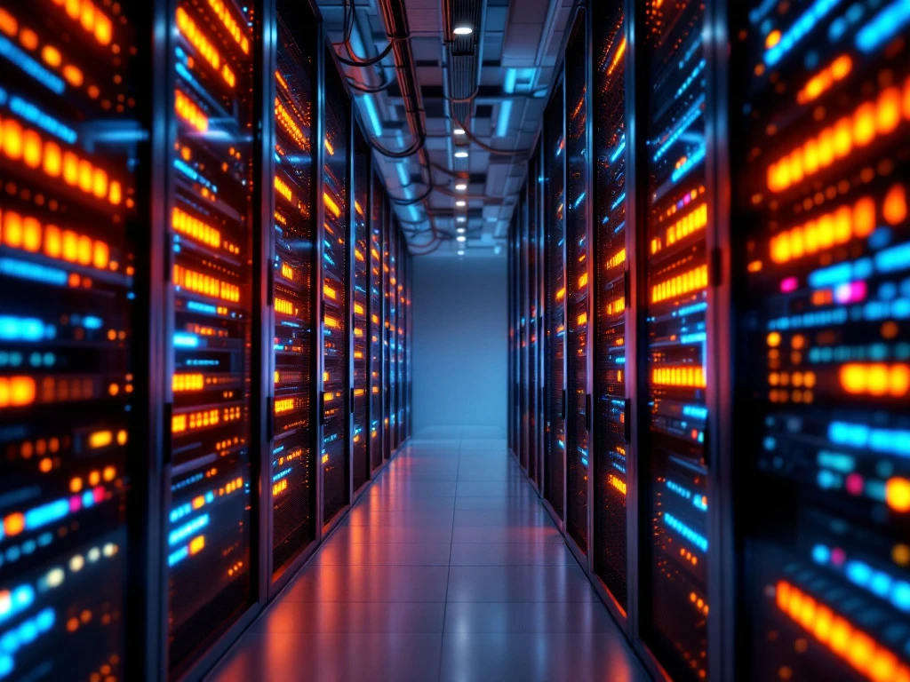 Modern datacenter interior with rows of server racks featuring glowing orange and blue LED indicators extending into distance