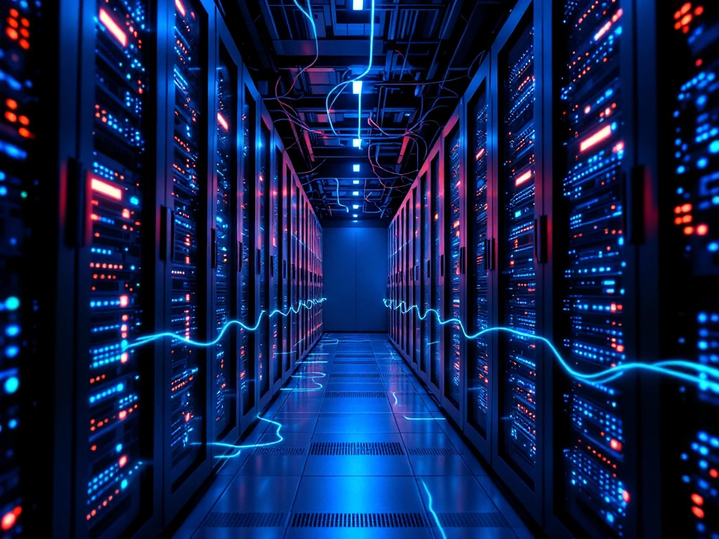 Modern datacenter interior with rows of server racks featuring glowing orange and blue LED indicators and fiber optic cables