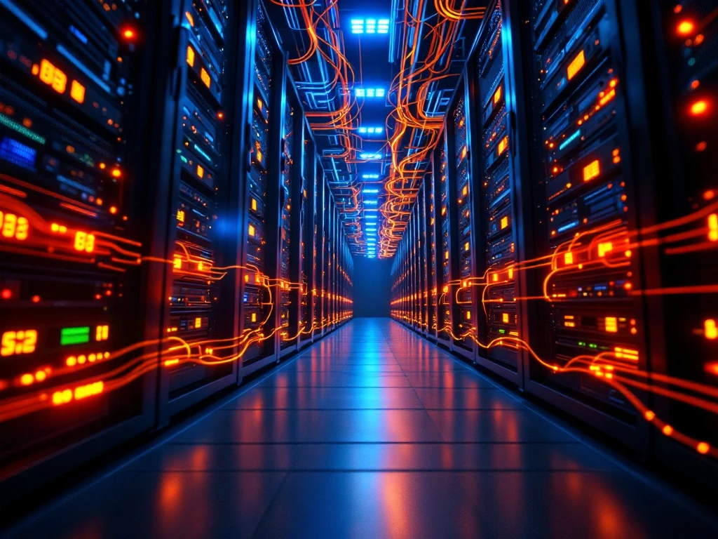 Modern datacenter interior with towering server racks and bright orange and blue fiber optic cables creating dramatic lighting
