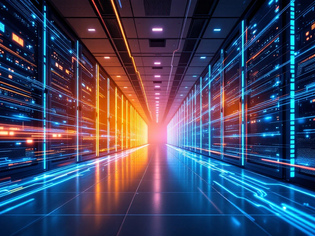 Modern datacenter with rows of server racks, dramatic orange-to-blue lighting, and glowing fiber optic cables showing data flow.