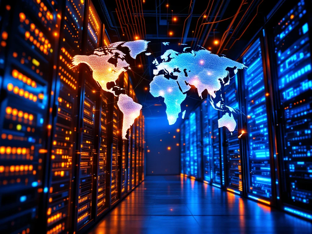 Modern datacenter with illuminated server racks, holographic world map, and glowing fiber optic cables showing global connectivity