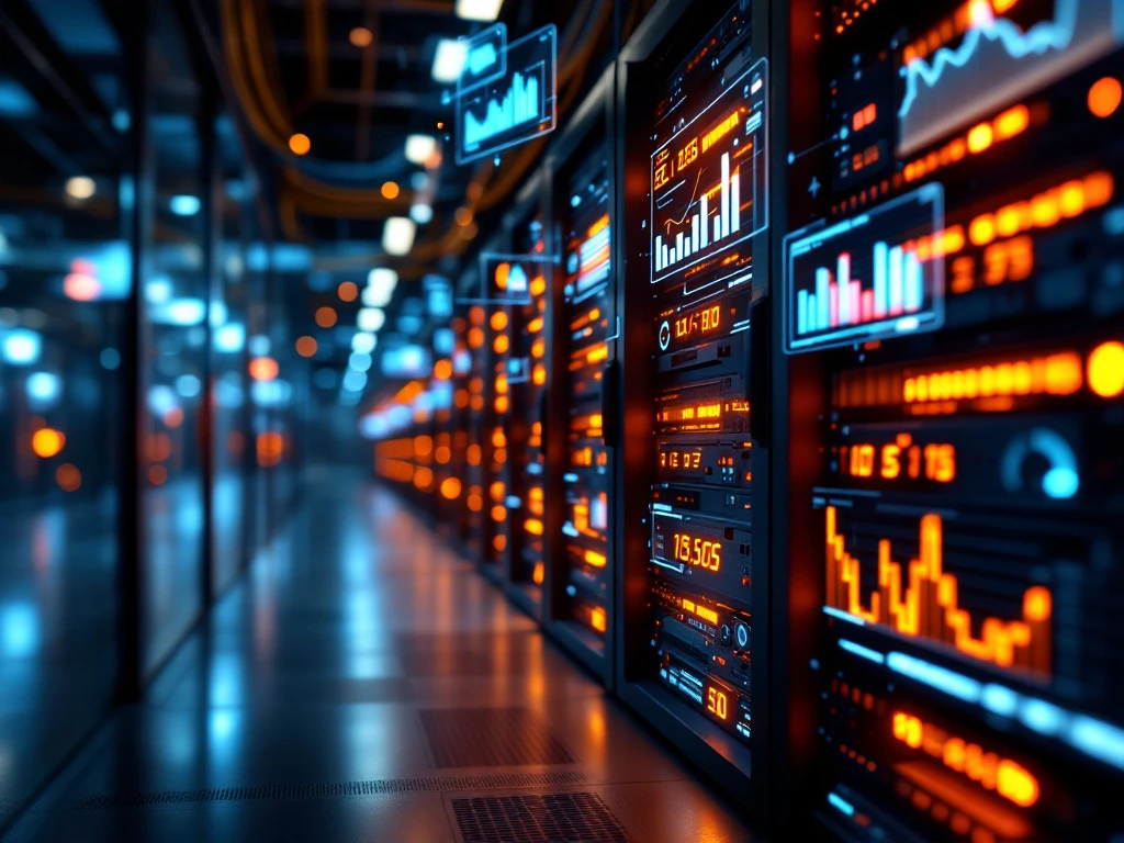 Modern datacenter with rows of server racks displaying orange and blue LED indicators and floating holographic data displays