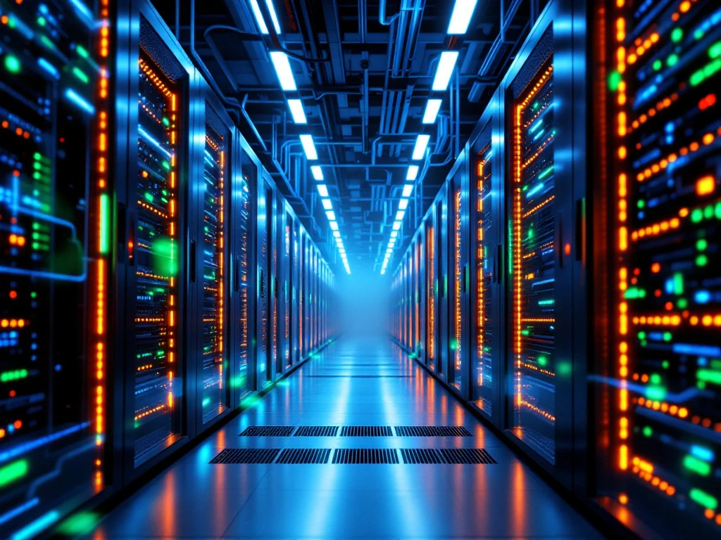 Modern datacenter interior showing rows of server racks with LED lighting, fiber optic cables, and green status lights.