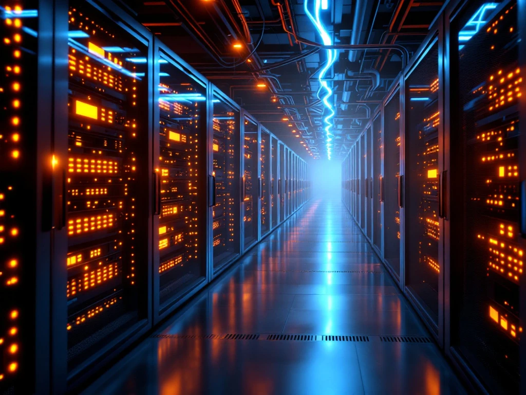 Modern datacenter with rows of server racks displaying bright orange and blue LED lights in dimly lit corridors