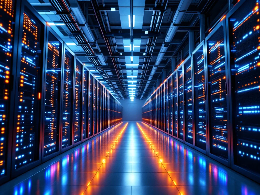 Datacenter interior with rows of server racks illuminated by orange and blue LED lights extending into the distance