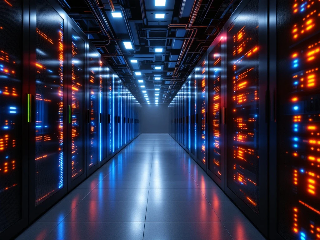 Modern datacenter interior with rows of server racks featuring glowing orange and blue LED indicators and fiber optic cables