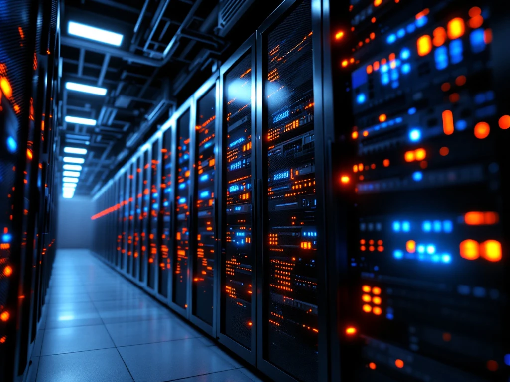 Modern datacenter interior with towering server racks featuring glowing orange and blue LED indicators in organized rows.