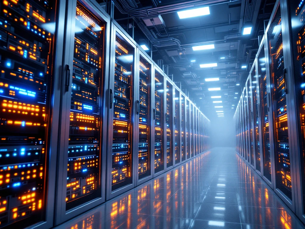 Modern datacenter interior with rows of server racks featuring glowing LED status lights and organized cable management systems