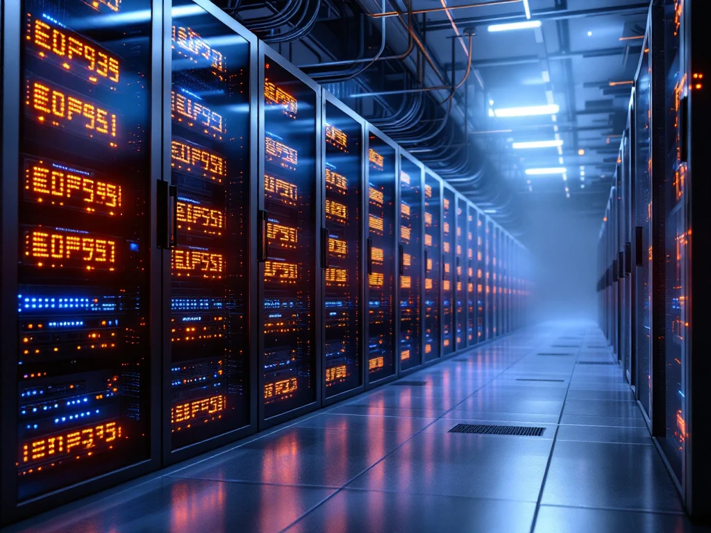 Modern datacenter interior with rows of server racks featuring glowing orange and blue LED lights, fiber optic cables, and cooling systems on raised flooring.