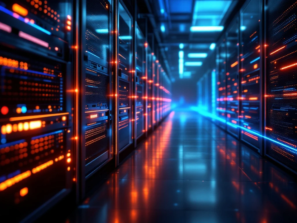 Modern datacenter with illuminated server racks, orange and blue LED lighting, and glowing data streams flowing between equipment.