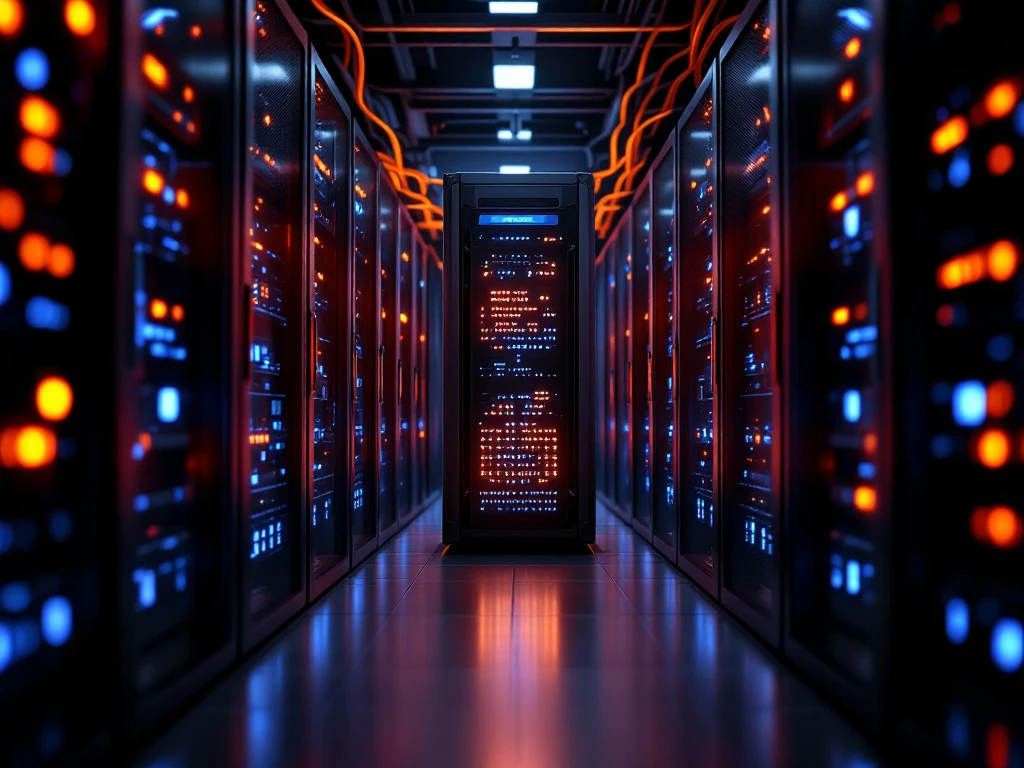 Modern datacenter with rows of server racks featuring glowing orange and blue LED indicators and fiber optic cables
