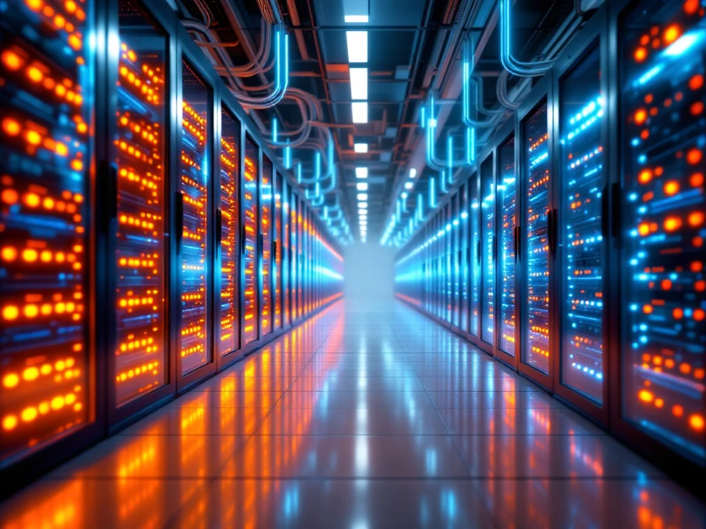 Modern datacenter interior with rows of server racks featuring orange and blue LED lights, organized cables, and polished floors
