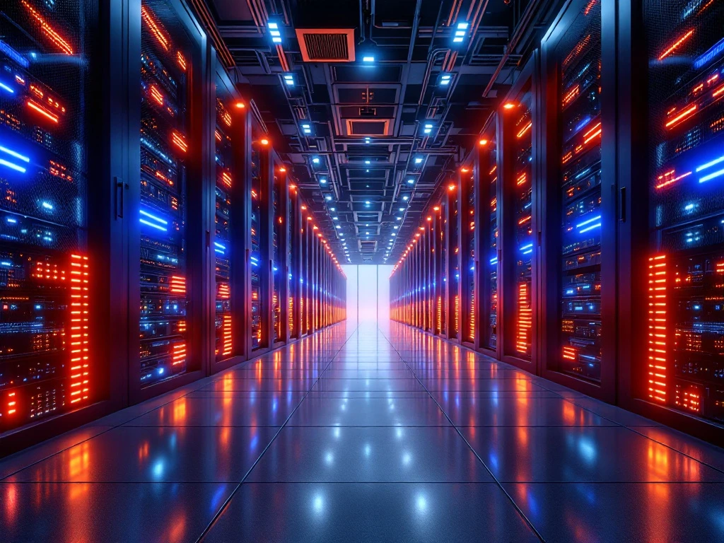 Modern datacenter interior with rows of server racks featuring glowing orange and blue LED indicators on polished floors.