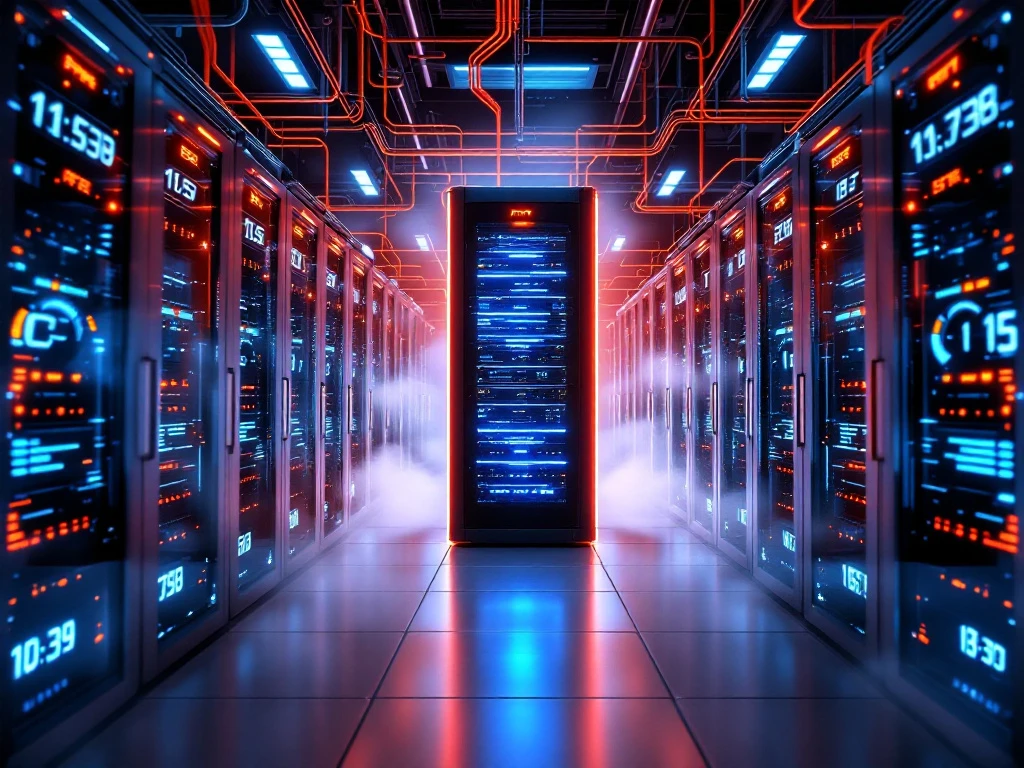 Modern datacenter interior with towering server racks featuring glowing orange and blue LED indicators and fiber optic cables.
