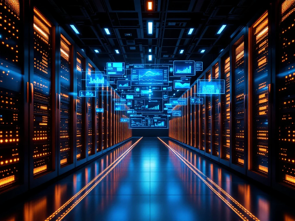 Modern datacenter interior with rows of server racks, LED lighting, and holographic performance monitoring displays.