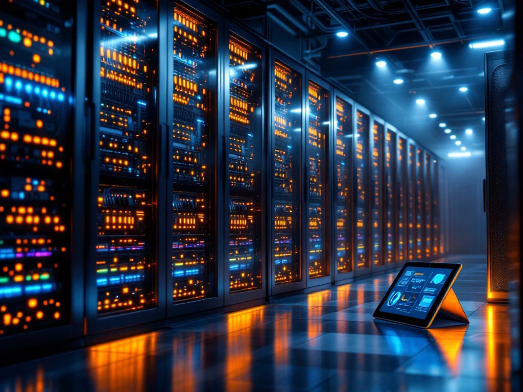 Modern datacenter with organized server racks, glowing orange and blue LED indicators, and consultation workspace with tablets.