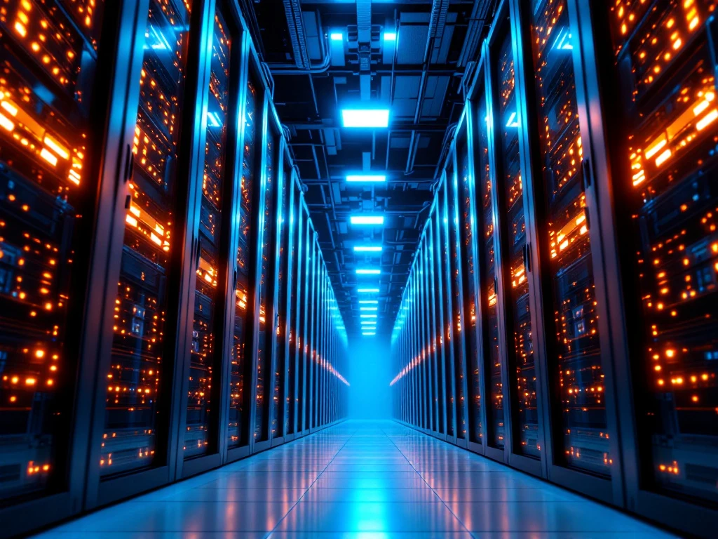 Modern datacenter interior with towering charcoal server racks, orange LED status lights, and blue network cables on white floors