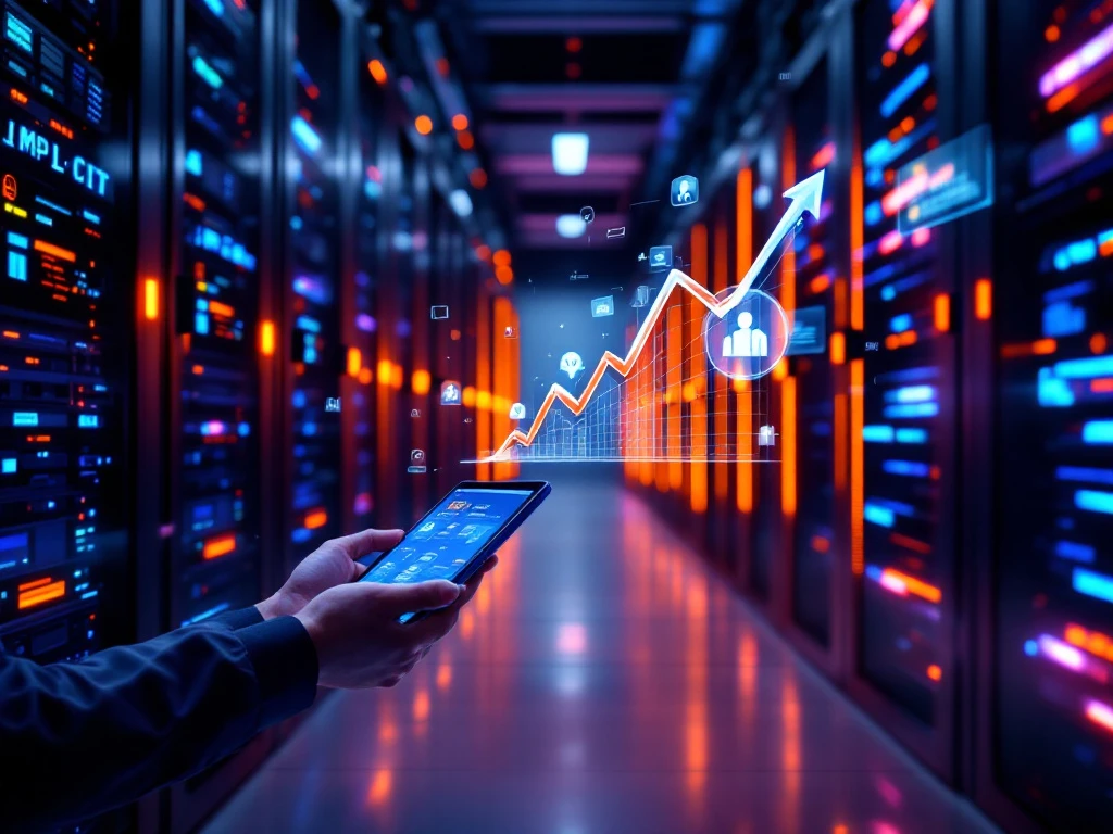 Professional hands using tablets in modern datacenter with orange and blue LED lighting, holographic data visualizations showing skill development trends.