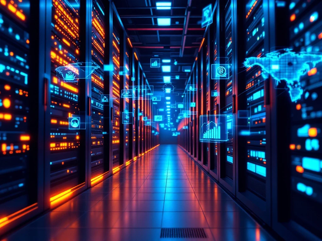 Modern datacenter with server racks displaying orange and blue LED indicators and holographic network monitoring displays