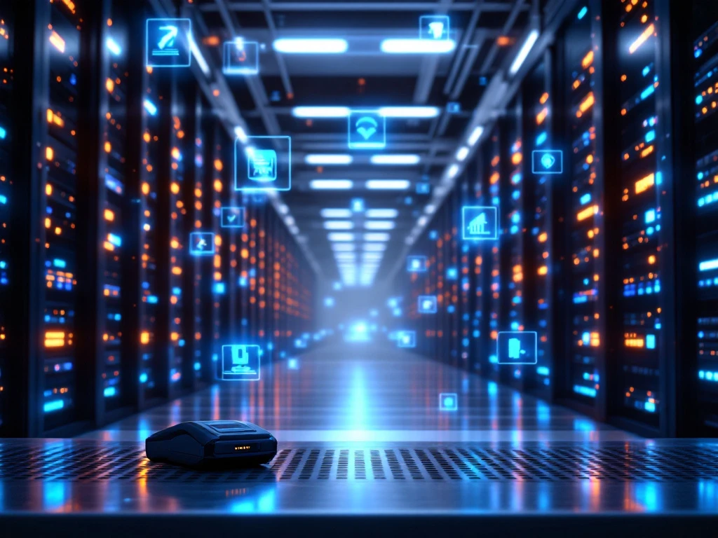 Modern datacenter with server racks, LED status lights, barcode scanner, and holographic inventory data displays