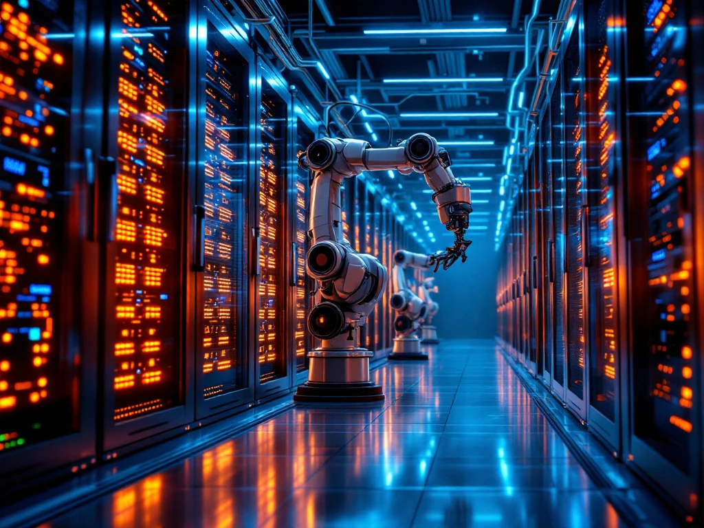 Modern datacenter with illuminated server racks, robotic automation systems, and fiber optic cables in orange and blue lighting.
