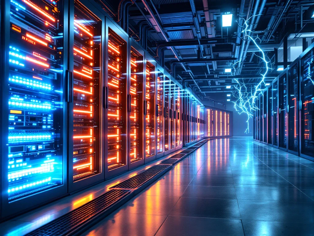 Datacenter interior with server racks, UPS units with orange indicators, blue LED-lit cabinets, and backup generators