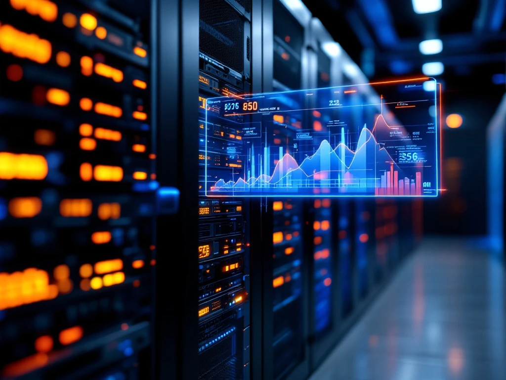 Modern datacenter server room with glowing holographic performance dashboard displaying real-time analytics above black server racks.