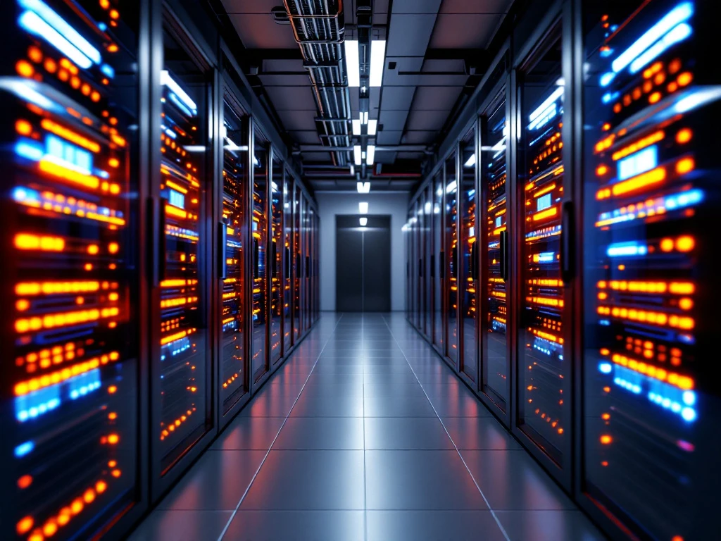 Modern datacenter server room with illuminated racks showing orange and blue LED indicators and organized fiber optic cables