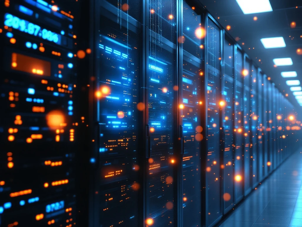 Modern datacenter server room with black racks, blue LED lights, and digital data streams flowing upward in virtualized environment.
