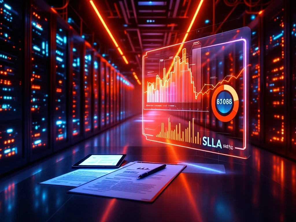 Datacenter server racks with conference table displaying SLA contract documents and performance metrics in orange and blue lighting.
