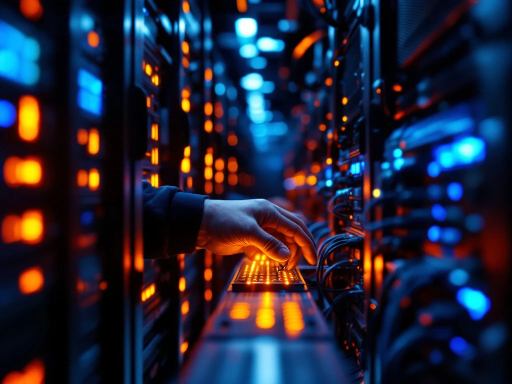 Technician's hands performing server maintenance in datacenter with glowing LED indicators and network equipment